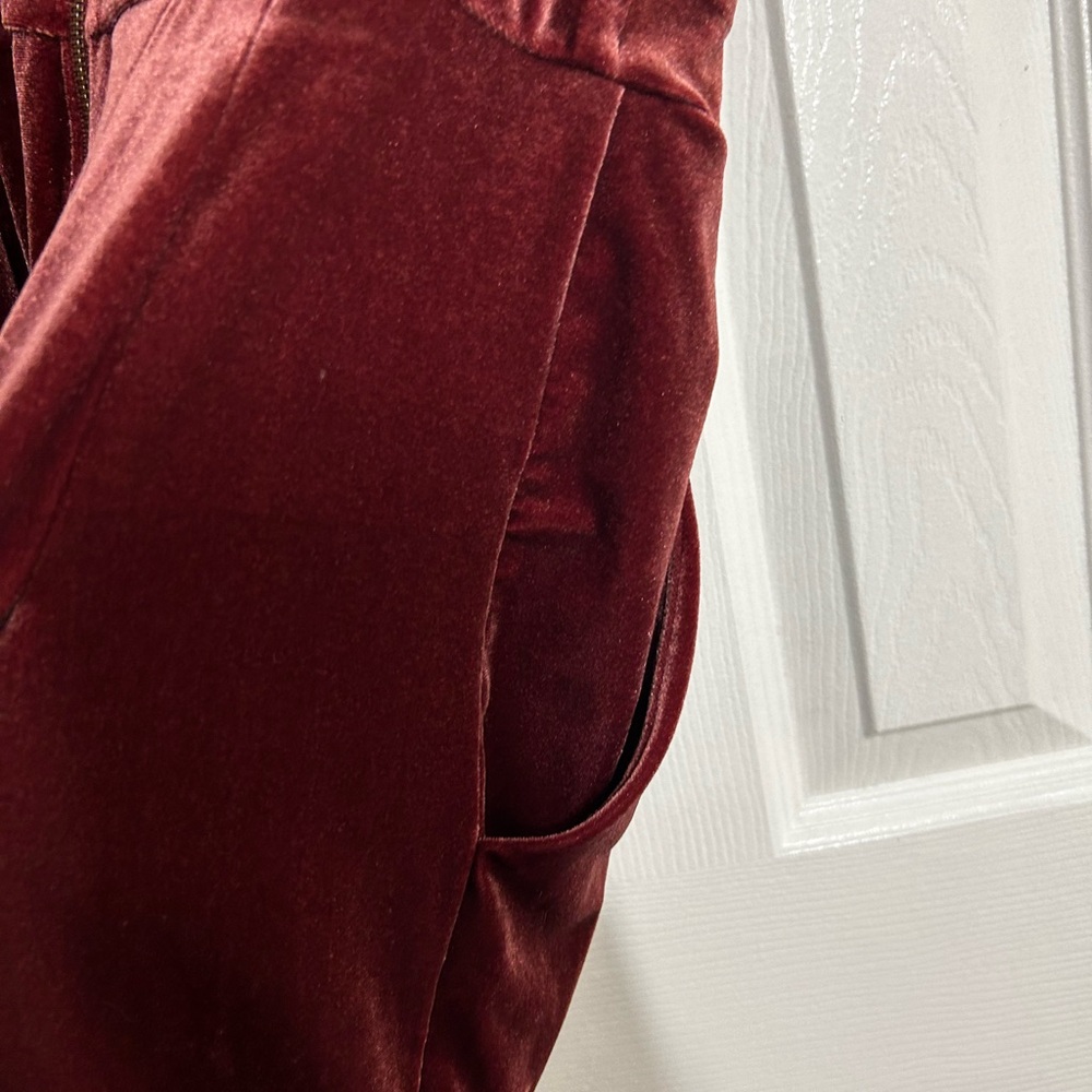Wine Red Velvet Jumpsuit Strapless Wide Leg Formal Holiday Cocktail Outfit - Picture 7 of 11